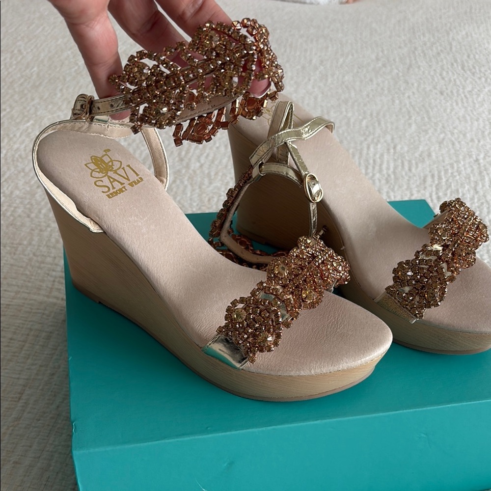 Gold Wedge Sandals with Sparkling Floral Accents